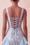 Champagne Jacquard Square Neck Ruffle Homecoming Dress with Lace-up Back