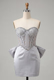 Silver Sweetheart Bodycon Corset Homecoming Dress with Bow