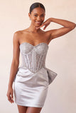 Silver Sweetheart Bodycon Corset Homecoming Dress with Bow