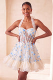 Light Yellow Halter A Line Corset Ruffled Homecoming Dress with Lace-up Back