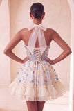 Light Yellow Halter A Line Corset Ruffled Homecoming Dress with Lace-up Back
