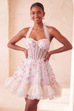 Light Yellow Halter A Line Corset Ruffled Homecoming Dress with Lace-up Back