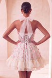 Light Yellow Halter A Line Corset Ruffled Homecoming Dress with Lace-up Back
