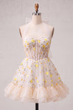 Light Yellow Halter A Line Corset Ruffled Homecoming Dress with Lace-up Back