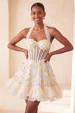 Light Yellow Halter A Line Corset Ruffled Homecoming Dress with Lace-up Back