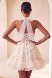 Light Yellow Halter A Line Corset Ruffled Homecoming Dress with Lace-up Back