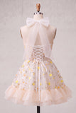 Light Yellow Halter A Line Corset Ruffled Homecoming Dress with Lace-up Back