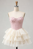 Pink Sweetheart A Line Tiered Jacquard Corset Homecoming Dress with Lace-up Back