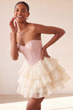 Pink Sweetheart A Line Tiered Jacquard Corset Homecoming Dress with Lace-up Back