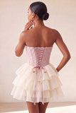 Pink Sweetheart A Line Tiered Jacquard Corset Homecoming Dress with Lace-up Back
