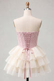 Pink Sweetheart A Line Tiered Jacquard Corset Homecoming Dress with Lace-up Back