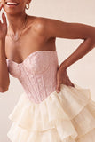 Pink Sweetheart A Line Tiered Jacquard Corset Homecoming Dress with Lace-up Back