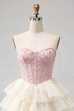Pink Sweetheart A Line Tiered Jacquard Corset Homecoming Dress with Lace-up Back