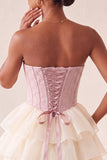 Pink Sweetheart A Line Tiered Jacquard Corset Homecoming Dress with Lace-up Back