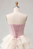 Pink Sweetheart A Line Tiered Jacquard Corset Homecoming Dress with Lace-up Back