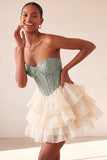 Pink Sweetheart A Line Tiered Jacquard Corset Homecoming Dress with Lace-up Back