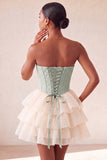 Pink Sweetheart A Line Tiered Jacquard Corset Homecoming Dress with Lace-up Back