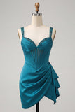 Lake Blue Bodycon Ruched Basque Corset Homecoming Dress with Sash