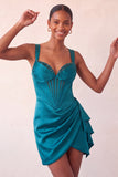 Lake Blue Bodycon Ruched Basque Corset Homecoming Dress with Sash