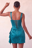 Lake Blue Bodycon Ruched Basque Corset Homecoming Dress with Sash