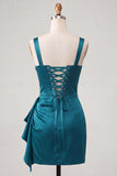 Lake Blue Bodycon Ruched Basque Corset Homecoming Dress with Sash