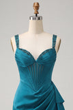 Lake Blue Bodycon Ruched Basque Corset Homecoming Dress with Sash