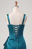 Lake Blue Bodycon Ruched Basque Corset Homecoming Dress with Sash