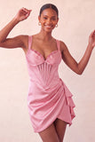 Lake Blue Bodycon Ruched Basque Corset Homecoming Dress with Sash