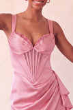Lake Blue Bodycon Ruched Basque Corset Homecoming Dress with Sash