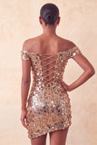 Sparkly Champagne Bodycon Off the Shoulder Homecoming Dress with Sequins