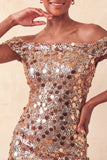 Sparkly Champagne Bodycon Off the Shoulder Homecoming Dress with Sequins