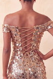 Sparkly Champagne Bodycon Off the Shoulder Homecoming Dress with Sequins
