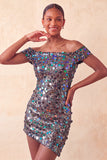 Sparkly Champagne Bodycon Off the Shoulder Homecoming Dress with Sequins