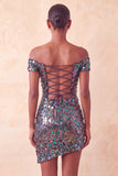 Sparkly Champagne Bodycon Off the Shoulder Homecoming Dress with Sequins