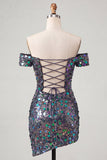 Sparkly Champagne Bodycon Off the Shoulder Homecoming Dress with Sequins