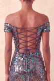 Sparkly Champagne Bodycon Off the Shoulder Homecoming Dress with Sequins