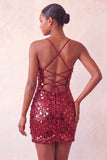 Red Sequin Bodycon Short Homecoming Dress with Lace-up Back