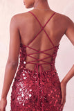Red Sequin Bodycon Short Homecoming Dress with Lace-up Back