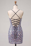 Red Sequin Bodycon Short Homecoming Dress with Lace-up Back