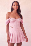 Off The Shoulder Pink Corset 2 Piece Pleated A Line Homecoming Dress