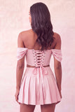 Off The Shoulder Pink Corset 2 Piece Pleated A Line Homecoming Dress