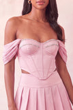 Off The Shoulder Pink Corset 2 Piece Pleated A Line Homecoming Dress