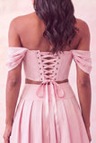 Off The Shoulder Pink Corset 2 Piece Pleated A Line Homecoming Dress