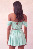 Off The Shoulder Pink Corset 2 Piece Pleated A Line Homecoming Dress