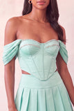Off The Shoulder Pink Corset 2 Piece Pleated A Line Homecoming Dress