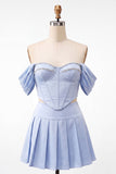 Off The Shoulder Pink Corset 2 Piece Pleated A Line Homecoming Dress
