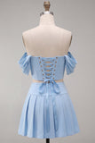 Off The Shoulder Pink Corset 2 Piece Pleated A Line Homecoming Dress