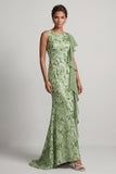 Green Mermaid Sequin Bateau Neck Long Mother of the Bride Dress with Ruffles