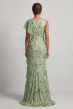 Green Mermaid Sequin Bateau Neck Long Mother of the Bride Dress with Ruffles