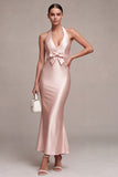Pink Halter Mermaid Satin Wedding Guest Dress with Bow